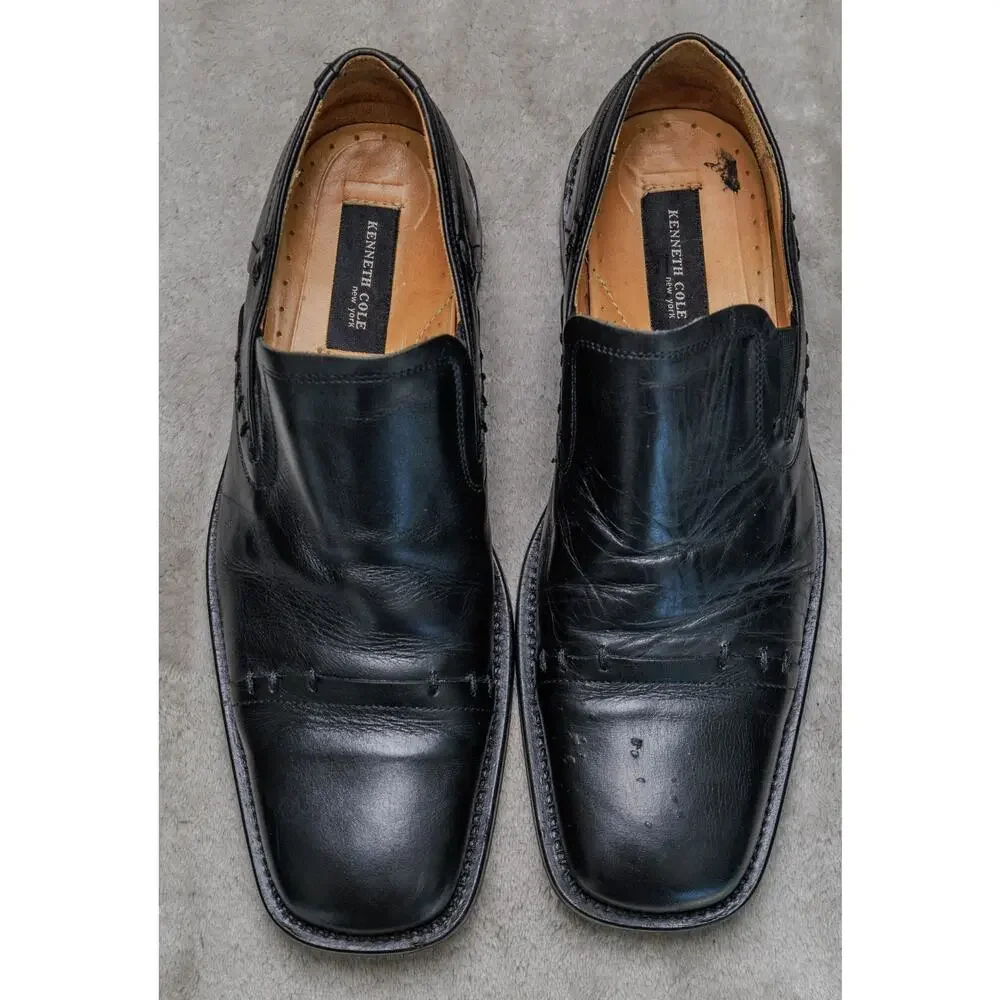 Kenneth Cole New York Black Leather Slip On Square Toe Loafers Mens Size 10